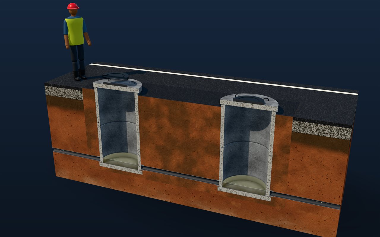 Illustration of manholes & drainage chambers built from concrete rings, cut open to show inside