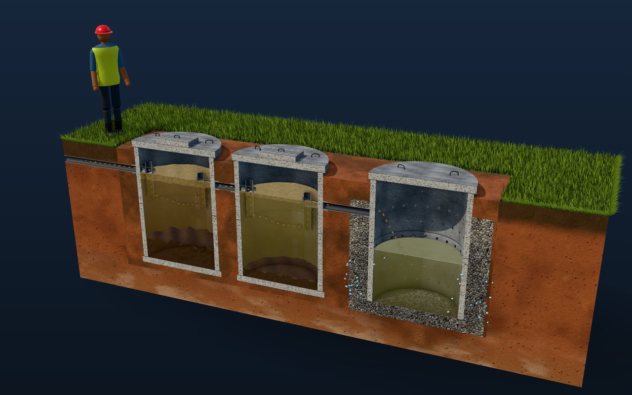 Illustration of septic tank systems built from concrete rings