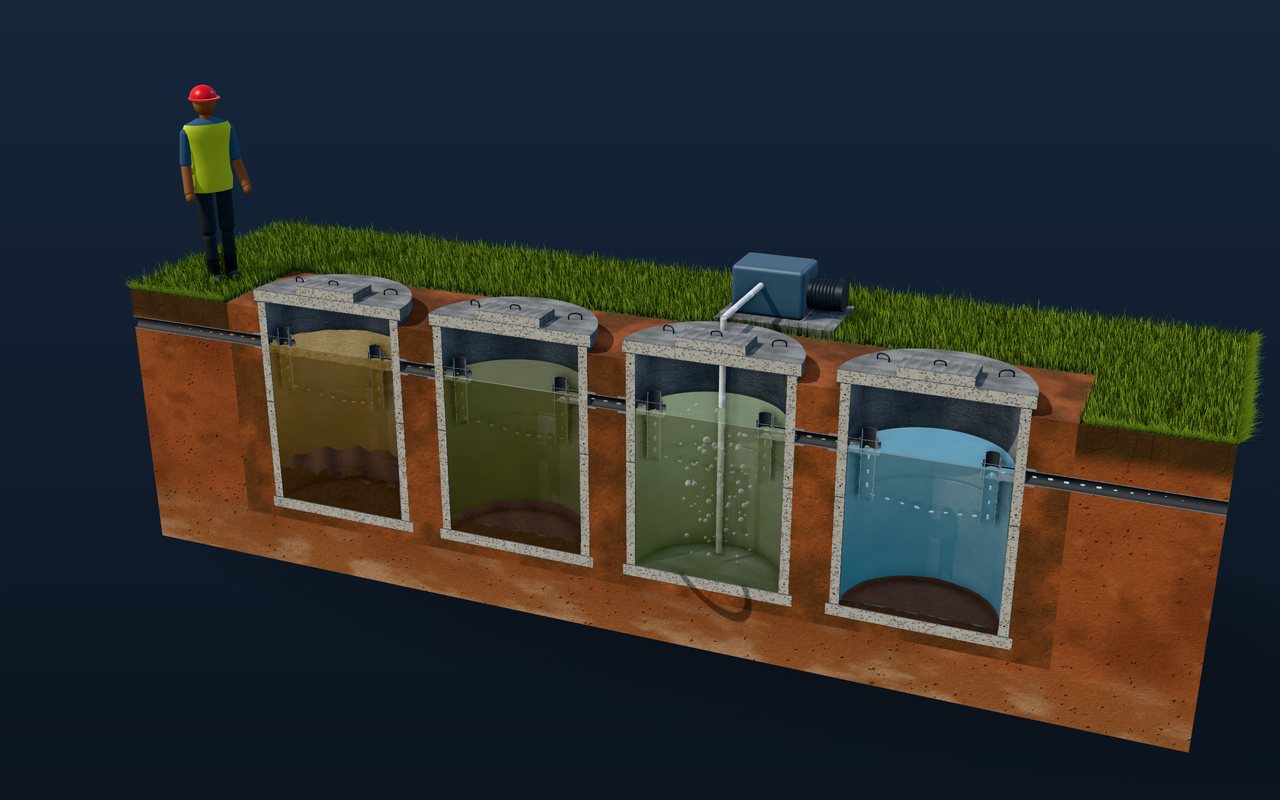 Illustration of wastewater treatment systems built from concrete rings